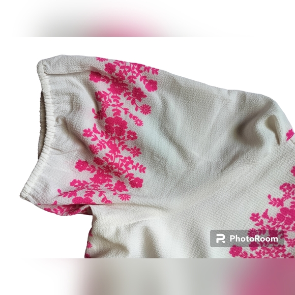 Danny and Nicole Ivory hot pink floral stripe textured faux-wrap dress size 12 - Picture 11 of 16